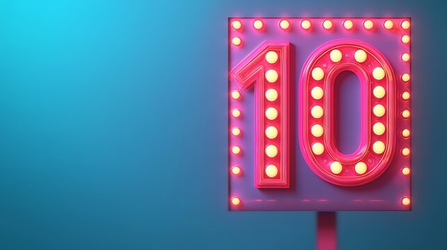 Neon number 10 sign with glowing bulbs on a blue background.