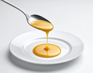 Liquid Gold: A spoonful of golden sauce cascades onto a pristine white plate, evoking culinary elegance and irresistible flavor.