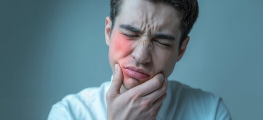 A young man with touching cheek & suffering from tooth pain. Toothache, teeth problem, caries, dental care.