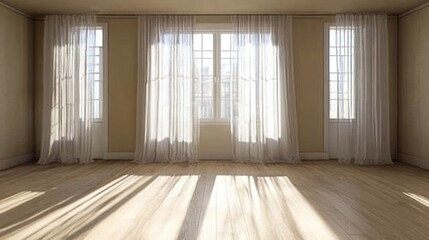Fototapeta premium Sunlit empty room with hardwood floors and sheer curtains on multiple windows
