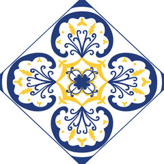 Vector Seamless Pattern Vintage Mediterranean Tiles in Indigo Blue and Sunny Yellow