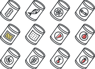 Vector illustration of twelve different canned food products in a simple style