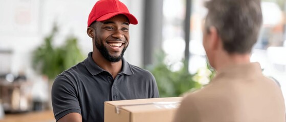 A cheerful delivery person hands a package to a customer indoors.