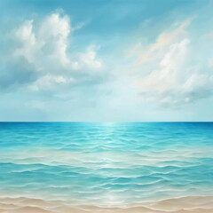 Fototapeta premium Serene Ocean View Tranquil Seascape Illustration, Blue Water, Calm Beach Scene, Summer Vacation, Coastal Background