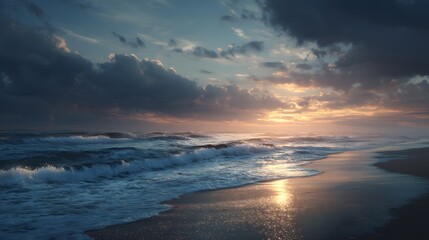 Fototapeta premium Serene ocean waves gently crashing on the sandy beach during a stunning sunset over the horizon