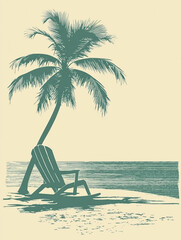 Serene Beachfront Relaxation Palm Tree, Adirondack Chair, Ocean View Illustration