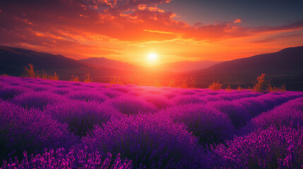 Obraz premium A stunning view of purple lavender fields stretches across the landscape as the sun sets