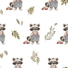 Seamless watercolor pattern with cute raccoons in a whimsical children's style on a white background. Perfect for baby textiles, nursery decor, kids' products, packaging, and playful designs.