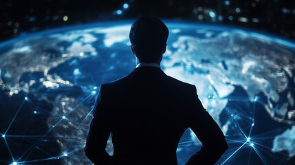 Businessman Silhouetted Viewing Global Network Connection, Future of Global Business