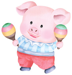 Cartoon pig playing maracas.Cute animal characters playing music.Hand drawn with watercolor.Perfect for a fun party.