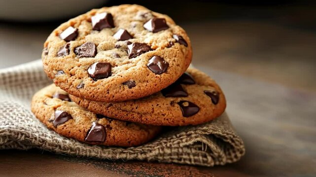 Close-up of three delicious chocolate chip cookies stacked on burlap with soft lighting.