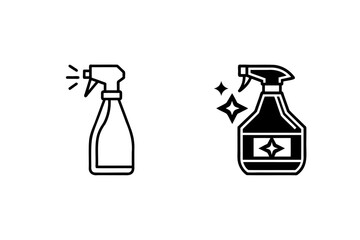 Simple line art icon set of cleaning spray bottle and sparkling symbols