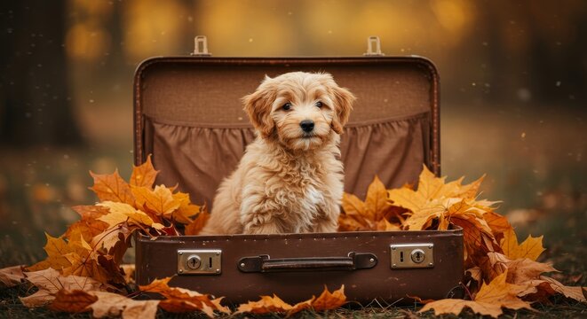 Mini Goldendoodle. Cute Puppy Sitting in Vintage Suitcase with Autumn Leaves