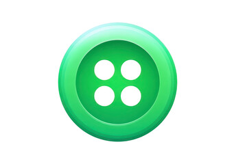 Shiny green button with four holes, commonly used for sewing, is displayed against plain background. button smooth surface and vibrant color make it visually appealing