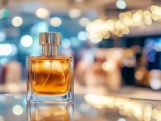 Close-up of a perfume bottle with a blurred luxury store background