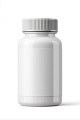 white plastic pill bottle with blank label and child-proof cap, isolated on white background, realistic studio lighting