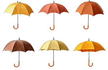 Six Colorful Umbrellas Arranged In A Grid Pattern Showcasing Various Shades Of Yellow Brown And Orange All Umbrellas Feature A Wooden Handle And Are Presented Against A Clean Transparent Background