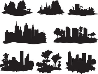 Obraz premium Silhouette Cityscapes: Vector Illustration of Urban Skylines, Trees, and Buildings for Graphic Design and Architectural Projects