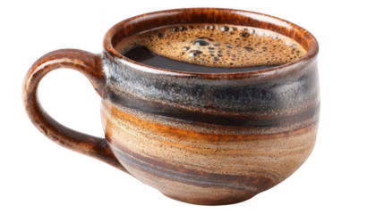 Aromatic coffee with a frothy crema fills a rustic, handcrafted ceramic mug, set against a transparent background, ready for integration into diverse design projects