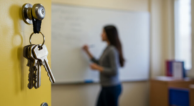 Keys hanging from a door lock with a teacher writing on the whiteboard inside the classroom