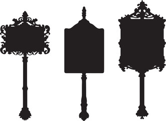 Vintage Ornate Signpost Silhouettes: Decorative Black & White Vector Graphics of Antique Street Signs for Design Elements & Historical Illustrations