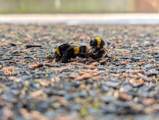 Close-up of two mating bumblebees on asphalt, captured with shallow depth of field and detailed texture.