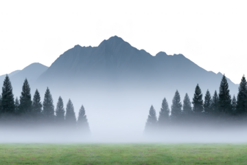 Serene landscape features misty mountain backdrop with row of evergreen trees in foreground, creating tranquil and mysterious atmosphere. lush green grass adds touch of vibrancy