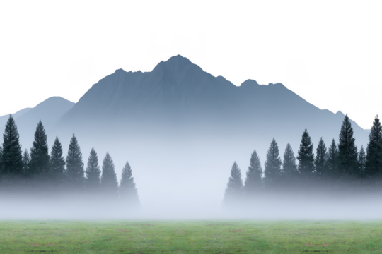 Serene landscape features misty mountain backdrop with row of evergreen trees in foreground, creating tranquil and mysterious atmosphere. lush green grass adds touch of vibrancy