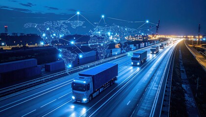 Trucks travel on a highway at night, with a digital world map overlay illustrating global logistics and connected transportation networks.