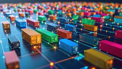 Obraz premium Colorful shipping containers are arranged on a digital grid with glowing lights, representing modern logistics and supply chain technology.
