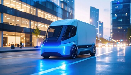 Futuristic electric delivery van drives through a modern city street at dusk, surrounded by tall glass buildings and glowing lights.
