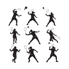 silhouettes of soccer players badminton sports character icons set design illustrations
