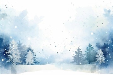 Serene Winter Wonderland Watercolor Painting of Snowy Forest Scene