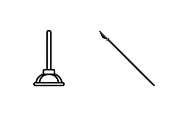 Black outline illustration of a plunger and a spear on a white background