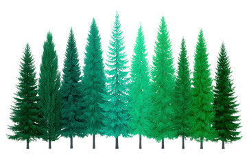 Row of various evergreen trees in different shades of green creates serene and natural atmosphere. trees are arranged in gradient, showcasing diversity in foliage