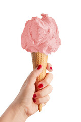 
strawberry flavored ice cream, served in a cone-shaped wafer held by a female hand with red nail polish