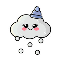 Outline kawaii cloud with happy face, beanie and falling snow or snowing. Cute baby character. Vector illustration isolated on white background for children, kids	