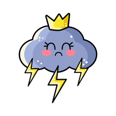 Outline kawaii cloud with thunder and lightning. Cute baby vector sticker character isolated on white background for kids, children