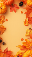 Autumn background with copy space featuring colorful fall foliage and pumpkins.