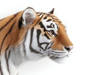 Obraz premium Close-up side view of a tiger’s face with sharp details and vivid fur patterns, isolated on a clean white background. Perfect for wildlife and nature content. 