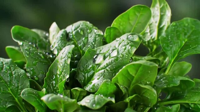 Close-up spinach leaves, wet with water droplets