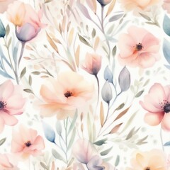 Watercolor Floral Seamless Pattern Peach, Pink, and Gray Botanical Design for Fabric, Wallpaper, and Print