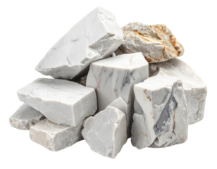 A pile of white and grey marble rocks with natural veining and rough, angular surfaces.