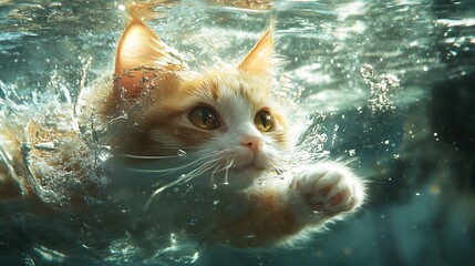 A goldeneyed kitten swims gracefully underwater, reaching out with a paw towards something unseen