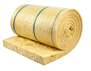 A rolled sheet of yellow fiberglass insulation material commonly used in construction for thermal and acoustic purposes.