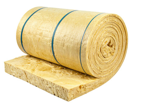 A rolled sheet of yellow fiberglass insulation material commonly used in construction for thermal and acoustic purposes.