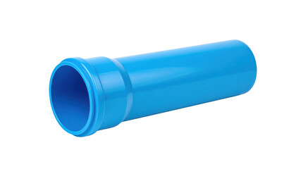 A blue cylindrical plastic pipe with a socket end, commonly used for plumbing or drainage systems.