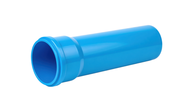 A blue cylindrical plastic pipe with a socket end, commonly used for plumbing or drainage systems.