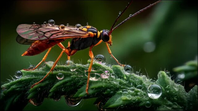 Close-up of a colorful parasitic wasp with water droplets on a green leafy plant in a natural outdoor environment in summer