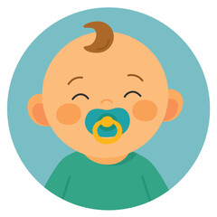 Smiling baby with pacifier and green shirt on round blue background. Flat cartoon avatar illustration. Childhood and newborn concept. Design for sticker, card, avatar, print